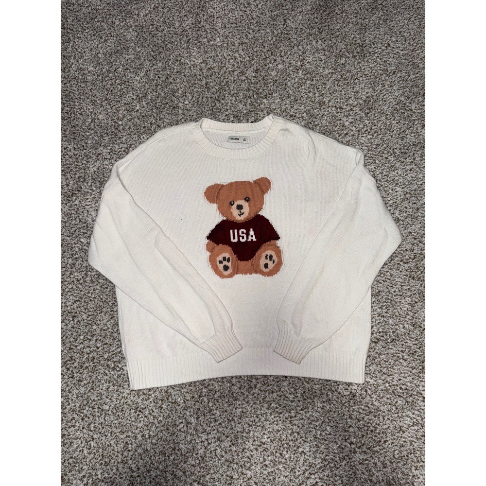 Hollister USA Teddy Bear Crewneck Sweater Cream White Medium